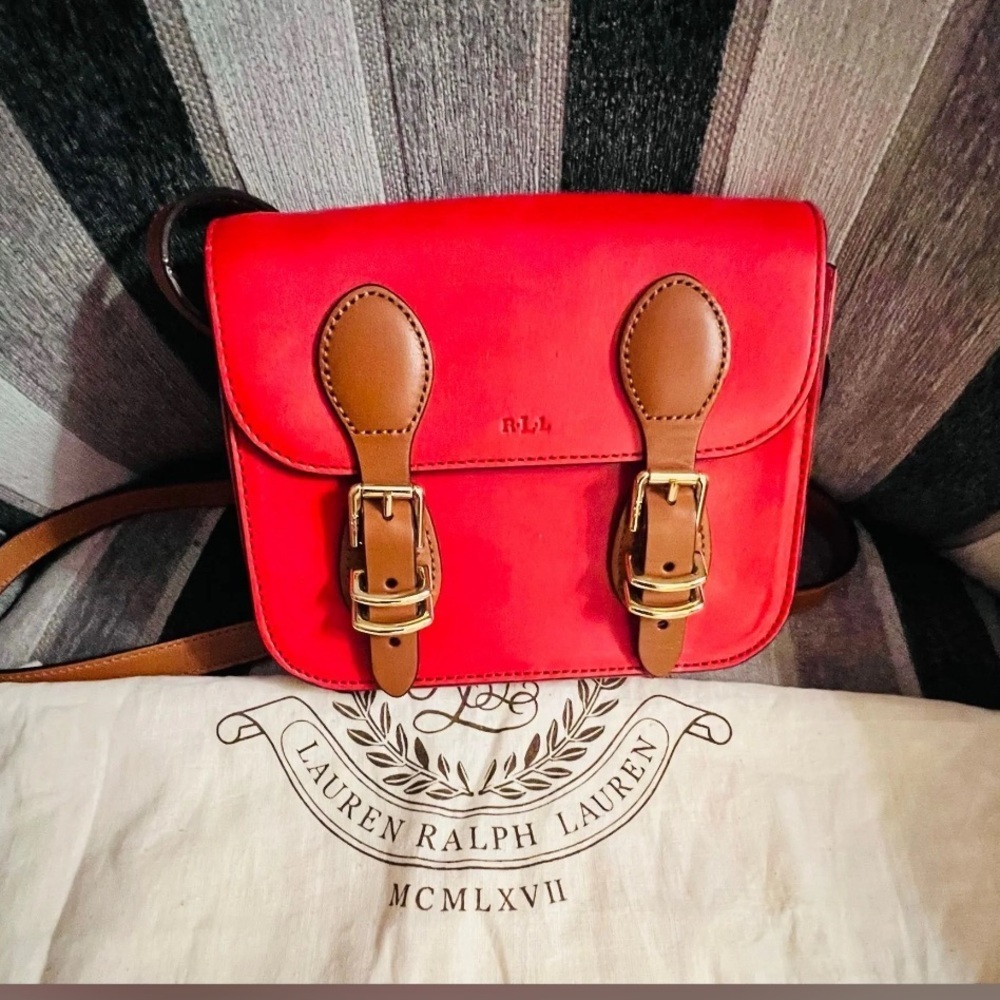 Lauren Ralph Lauren Mini Crossbody Messenger Bag Red/Tan leather w Dust Bag NWOT